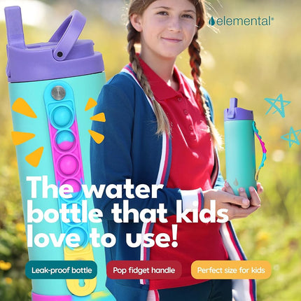 Elemental Iconic Kids Water Bottle - Leak Proof Insulated Water Bottle with Straw Lid & Stress Relief Pop It Handle - Stainless Steel Triple Wall Bottle for School, BPA-Free, 414ml - Blue Tie Dye