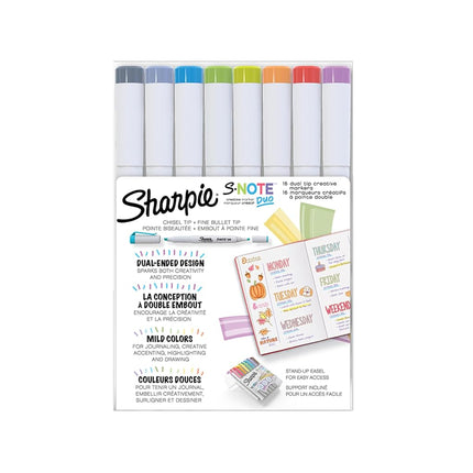 Sharpie S-Note Duo Dual-Ended Creative Markers, Part Highlighter, Part Art Marker, Assorted Colours, Fine and Chisel Tips, Includes Stand-up Easel, 16 Count