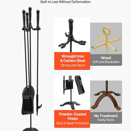 VEVOR Fireplace Tool Set, 4 PCS Fire Tool Set and Holder with Three-Prong Stand, Ash Shovel, Brush, Fire Place Poker, Wrought Iron Fireplace Accessories for Campfire Indoor/Outdoor, Black