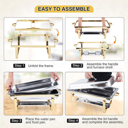 Takywep Chafing Dish Buffet Set 2 Pack, 8 Qt Stainless Steel Chafer Buffet Servers and Warmers Sets with Lid Folding Frame, Rectangular Chafing Dishes for Parties, Weddings, Catering Events, Gold