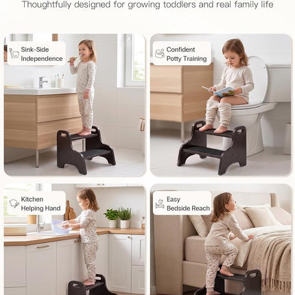 StrongTek Wood 2 Step Stool for Kids Handles Non Slip Black Brown