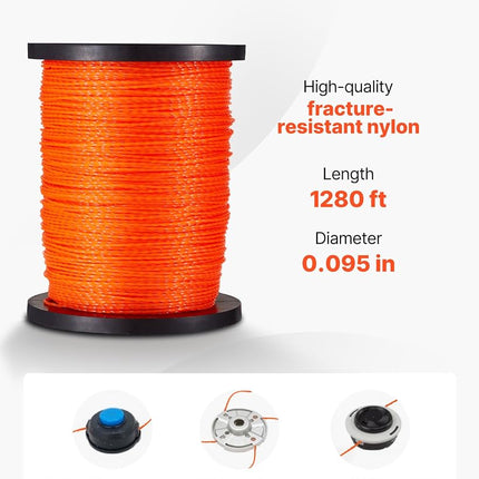 VEVOR 0.095 in 1280 ft String Trimmer Line, Orange Heavy Duty Weed Eater String, Premium Nylon Universal Replacement Trimmer Line Spool with Twisted Design, Suitable for Professional & Homeowner Use