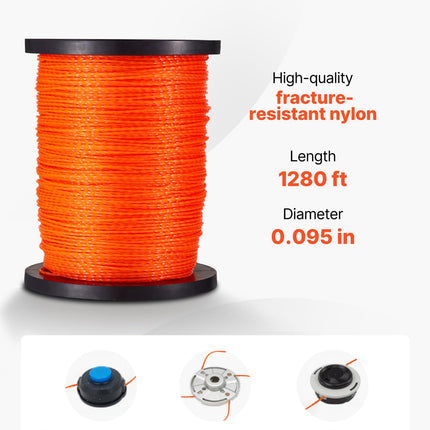 Hilo para desbrozadora VEVOR de 0.095 pulgadas y 1280 pies, hilo naranja resistente para desbrozadora, bobina de hilo de nailon premium de repuesto universal para desbrozadora con diseño trenzado, adecuado para uso profesional y doméstico