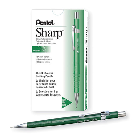 Pentel Sharp Mechanical Pencil (0.5mm), Green Barrel, Box of 12 (P205D)