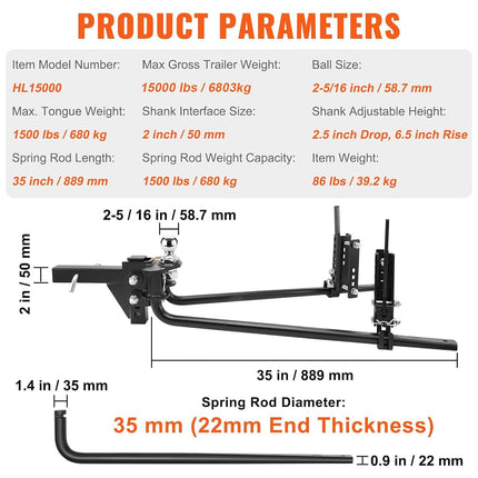 VEVOR Sway Control Weight Distribution Hitch, 1,500 lbs Capacity, Trailer Hitch Kit with 2-Inch Solid Steel Shank, 2-5/16 Inch Alloy Steel Ball, Powder-Coated Load Leveling, Black