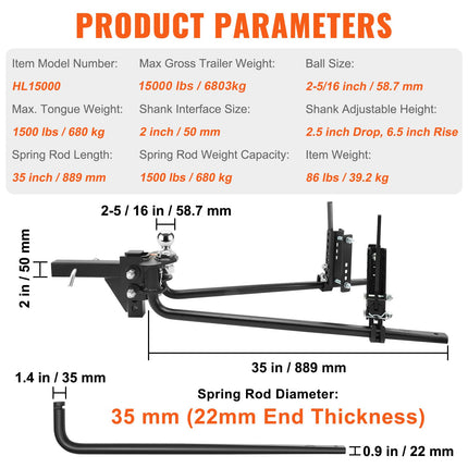VEVOR Sway Control Weight Distribution Hitch, 1,500 lbs Capacity, Trailer Hitch Kit with 2-Inch Solid Steel Shank, 2-5/16 Inch Alloy Steel Ball, Powder-Coated Load Leveling, Black