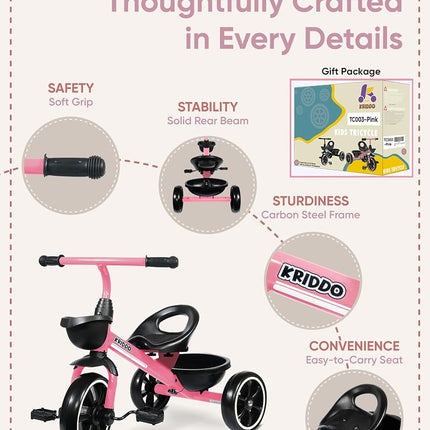KRIDDO Kids Tricycles Age 24 Month to 5 Years, Toddler Kids Trike for 2.5 to 5 Year Old, Gift Toddler Tricycles for 2-4 Year Olds, Trikes for Toddlers, Pink