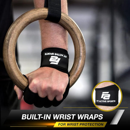 Fit Active Sports New Ventilated Weight Lifting Gloves with Built-In Wrist Wraps, Full Palm Protection & Extra Grip. Workout Grips for Pull Ups, Cross Training, Fitness, & Weightlifting. Men & Women