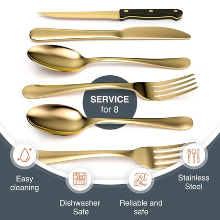 Tribal Cooking 49 Piece Gold Silverware Set - Service for 8 - Stainless Steel Gold Flatware Serving Set - Cutlery Set - Knives, Fork, and Spoon - Dishwasher Safe - Stunning Polished Finish