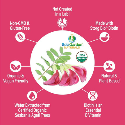 USDA Organic Whole Food Biotin Supplement, Made with Plant-Based Biotin from Sesbania Agati Trees, by SolaGarden Naturals, 60 Non-GMO Vegan Capsules, Supports Hair, Skin, and Nails, Made in USA