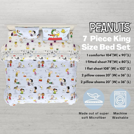 Franco Collectibles Peanuts Multi Character Bedding 7 Piece Super Soft Comforter and Sheet Set with Sham, King, (100% Official Licensed Product)