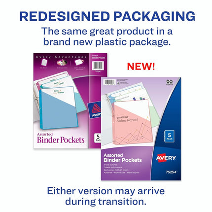 Avery Binder Pockets for 3 Ring Binders, Assorted (Blue, Clear, Green, Pink and Yellow), 5 Per Pack, 12 Packs, 60 Binder Pockets Total (75254)