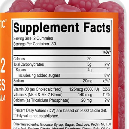 Vitamatic Vitamin D3 K2 Gummies - 60 Count - Supports Healthy Bone, Heart & Calcium Absorption, & Immune Health - Plant Based, Non-GMO, Gluten Free