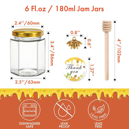 6oz Glass Small Jars with Lids 30Pack, AuroTrends Honey in Bulk for Baby Shower Favors/Wedding Favors -Small Canning Wooden Dippers/Bee Charms/Stickers/Jute Twine (6fl.oz-30Pack) Gold