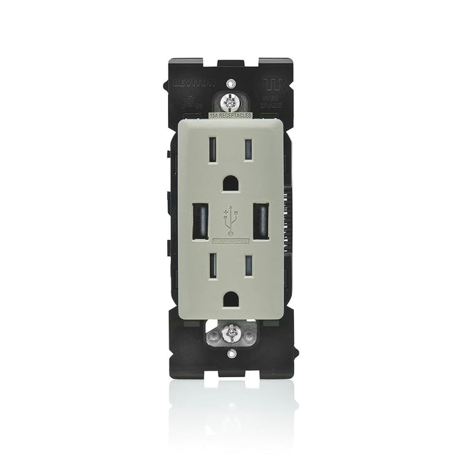 Leviton RUAA1-WS Renu USB Charger/Tamper-Resistant Duplex Outlet, 15A-125VAC, Wood Smoke 15-Amp