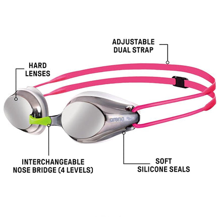 ARENA Tracks Jr Children's Unisex Competition Swimming Goggles Mirror (mirrored, UV protection, anti-fog coating), silver white fuchsia (18), one size