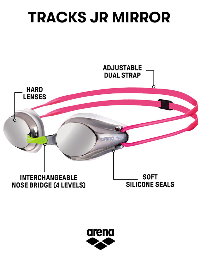 ARENA Tracks Jr Children's Unisex Competition Swimming Goggles Mirror (mirrored, UV protection, anti-fog coating), silver white fuchsia (18), one size