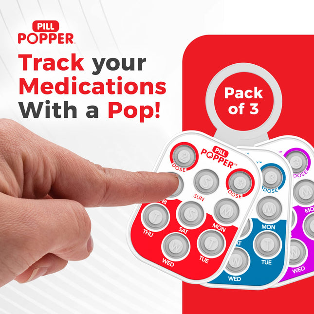 Rastreador de medicamentos Pill Popper, recordatorio diario de pastillas, ayuda de memoria pequeña y portátil con botones, se adhiere al envase de las pastillas, registra hasta 3 dosis por día, multicolor, paquete de 3 - Easy To Use Products