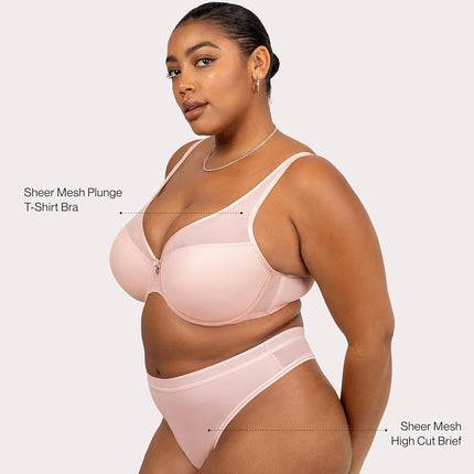 Curvy Couture Women's Plus Size Sheer Mesh Plunge T-Shirt Bra, Retro Roses, 40H US