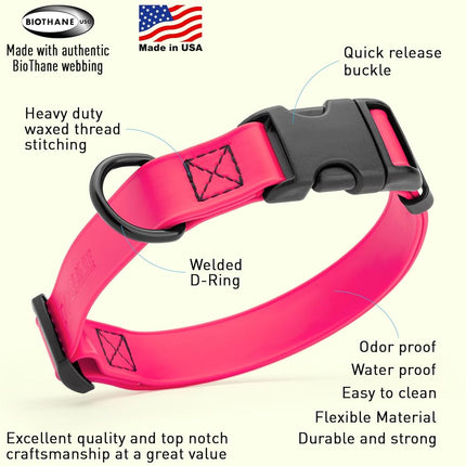 Dogline Biothane Waterproof Dog Collar with Quick Release Buckle Strong Coated Nylon Webbing with Odor- Proof for Easy Care Easy to Clean Fits Small Medium or Large Dogs - Pink 1" Width 15-23" L