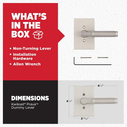 Kwikset Prava Dummy Door Handle Knurled Single Sided Lever for Cupboards, French Double Doors and Pantry, Satin Nickel, Reversible Non Turning Interior Lever with Guard