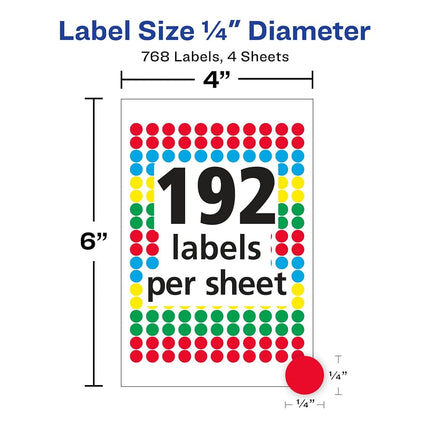 Avery 05795 Handwrite Only Removable Round Color-Coding Labels, 1/4" Dia, Assorted (Pack of 768)