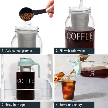 Cafetière à infusion à froid Primula Mason Jar avec filtre en acier inoxydable et couvercle verseur facile, pichet en verre durable qui s'adapte à la plupart des portes de réfrigérateur, lavable au lave-vaisselle, fabriquée sans BPA, 2 litres, Aqua