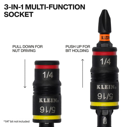 Klein Tools 32931 3-in-1 SAE Impact Socket Set, 1 Flip Socket with 1/4 and 5/16 Nut Driver Sizes and 1/4-Inch Bit Holder, Impact Rated 2-Inch Shaft