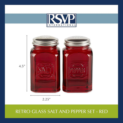 RSVP International Jumbo Retro Glass Salt & Pepper, Screw On Stainless Steel Lid, Each Shaker Holds 8 Ounces, 2.25x2.25x4.7, Red