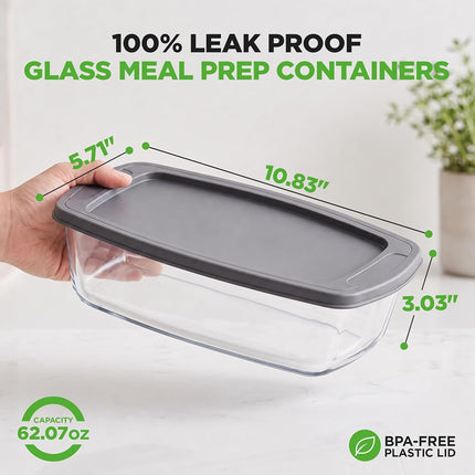 NutriChef 3 Sets Loaf Pan - 62.07oz Stackable Superior Premium Glass Meal-prep Food Container w/Airtight Locking Lid, BPA-Free Leakproof, Freezer-to-Oven-Safe, for Bread, Cake & Pastries