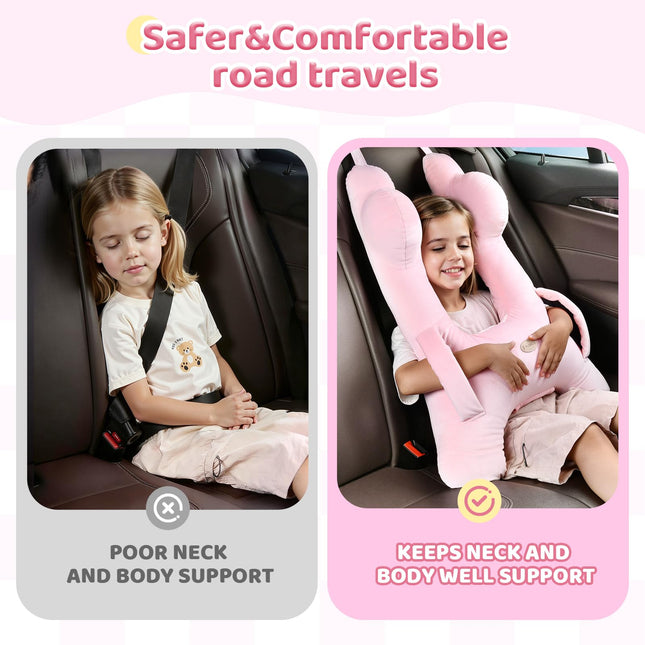 Almohada de viaje para niños FLORICH, almohada de viaje para coche para dormir para niños, almohada lavable en forma de H para adultos y niños para apoyar la cabeza y el cuerpo para viajes por carretera (rosa)