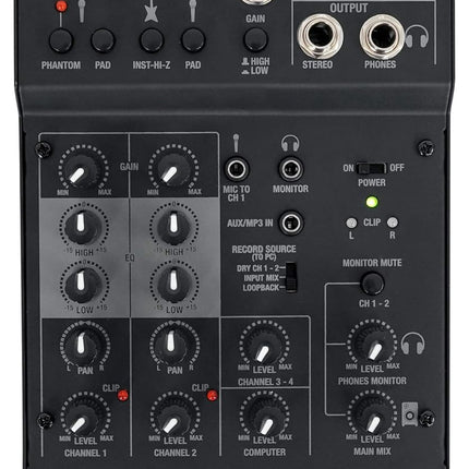 Rockville RockMix 4 4-Channel Mixer with USB Interface, 2-Band EQ, Phantom Power, Loopback Switch, Compact Design, for Recording and Streaming