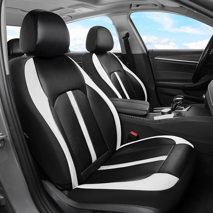 Fundas de asiento de cuero Coverado, juego completo y fibra de carbono, protector impermeable y duradero para todo tipo de clima, ajuste universal para SUV, camioneta, sedán, interior de vehículos automotrices, blanco y negro