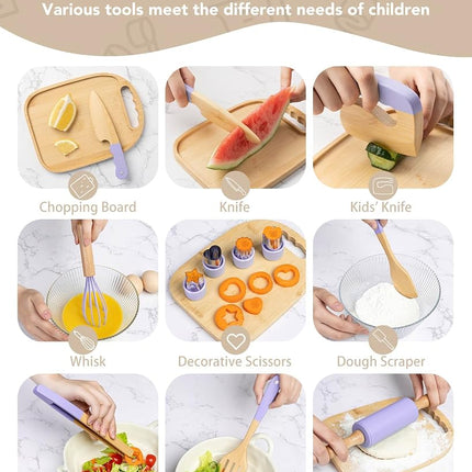 Wooden Kids Cooking Set Montessori Kit - Real Toddler Kitchen Tools & Baking Utensils - 15PCS Cooking Kit for Kids with Storage Bag, Great Gift for Pretend Play & Montessori Learning (Purple)