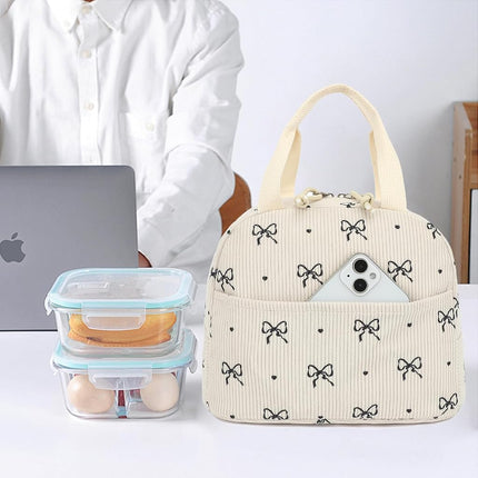 Corduroy Lunch Box for Women Girls, Cooler Lunch Bags Reusable Insulated Lunchbox for Picnic School Work Travel (Bow Tie)
