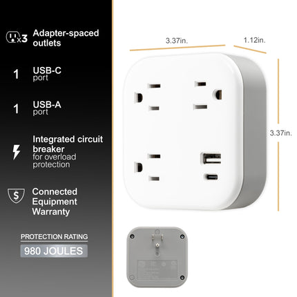 GE UltraPro 3-Outlet Surge Protector, Outlet Extendor with USB, Wall Tap, 1 USB-A, 1 USB-C, Adapter Spaced, for Home or Office, 900 Joules, Charging Station, White - 81787