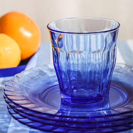 Duralex Made in France Picardie Glass Tumbler Drinking Glasses Set of 6, 6-3/4 oz, Marine Blue