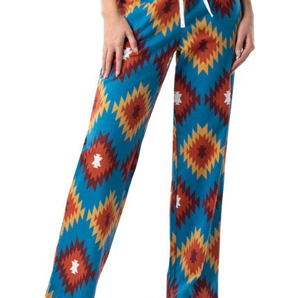 Wrangler Women's Jersey Top and Flannel Pant Sleep Pajama Set, Sea Blue/Southwestern Geo, 2X