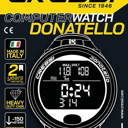 CRESSI Donatello Diving Computer - Professional Wrist Diving and Apnea Dive Computer, Black/Black, One Size, Unisex Adult