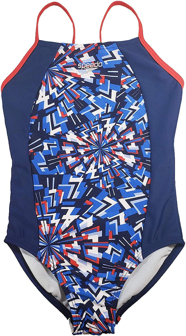 Traje de baño de una pieza con tirantes finos y shorts Speedo para niñas (Rojo, blanco, azul, extrachico)
