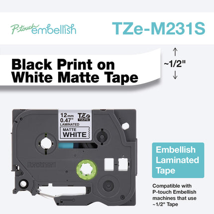 Brother P-touch Embellish Black Print on Matte White Tape TZEM231S – ~½” Wide x 13.1’ Long for use with P-touch Embellish Ribbon & Tape Printer, TZE-M231S