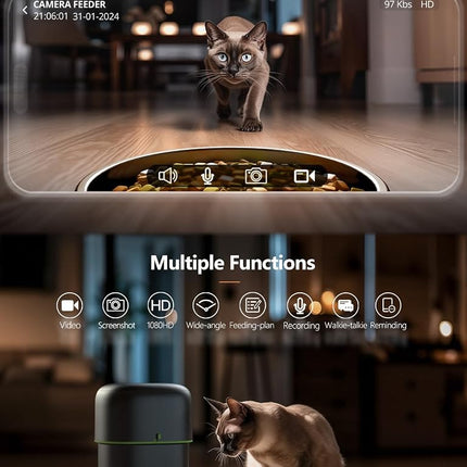 Yuposl Automatic Cat Feeder with Camera, 2L Automatic Cat Feeder, 5G WiFi APP Control, 1080P HD Video Night Vision, 1-16 Meals, 1-99 Portions, Desiccant to Keep Dry Food Fresh