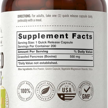 Grass Fed Beef Pancreas 550mg | 200 Capsules | Desiccated Pasture Raised Bovine Supplement | Non-GMO, Gluten Free | by Herbage Farmstead