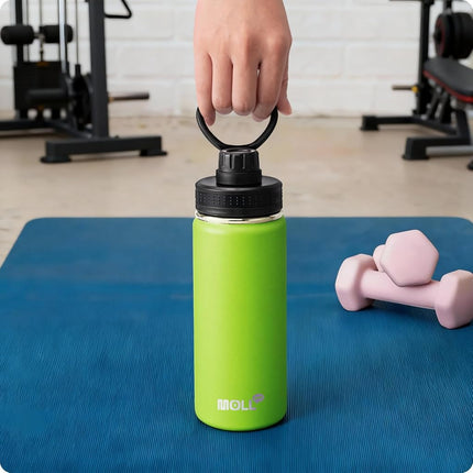 Mollcity Insulated Water Bottle for School-18oz/530ml Stainless Steel Vacuum Wide Mouth Sports Water Bottle with Silicone Boot-Reusable Metal Leak Proof Travel Water Flask (Apple Green)