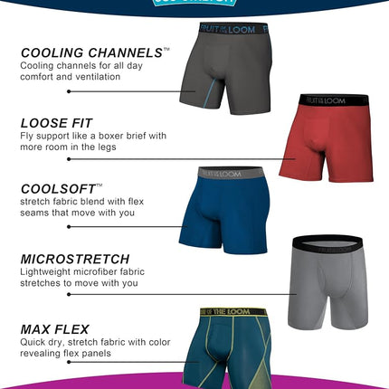 Fruit of the Loom Men's 4-Way Stretch Boxer Briefs | Lightweight & Moisture Wicking Underwear | Long, Regular Leg & Trunk, Max Flex Zones-3 Pack-Colors May Vary, S (Pack of 3)