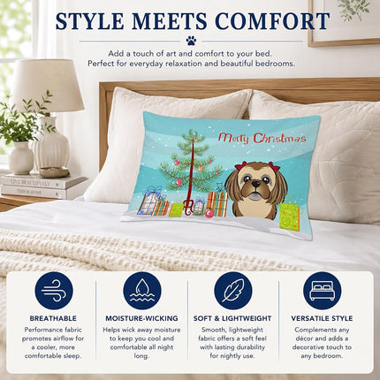 Caroline's Treasures BB1621PILLOWCASE Christmas Tree And Chocolate Brown Shih Tzu Fabric Standard Pillowcase, Large, Multicolor