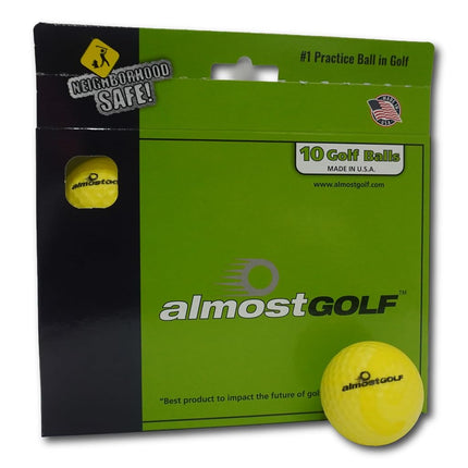 (10 Pack Yellow with 5 Tees) - Best Practise Golf Balls on The Planet. Perfect for Golf Training. Solid Contact for Great Feedback. Limited Flight for Backyard use. Safe for Indoors.