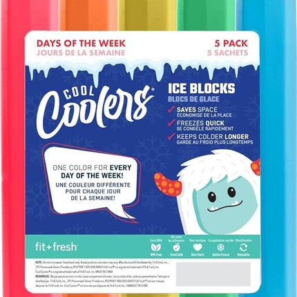 Fit & Fresh Cool Coolers, 5 Pack Days of The Week Ice Blocks, Compact Reusable Ice Packs for Lunch Boxes & Coolers, Multi Colored