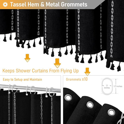 BTTN 60x72 Boho Farmhouse Linen Heavy Duty Shower Curtain Set, Black White