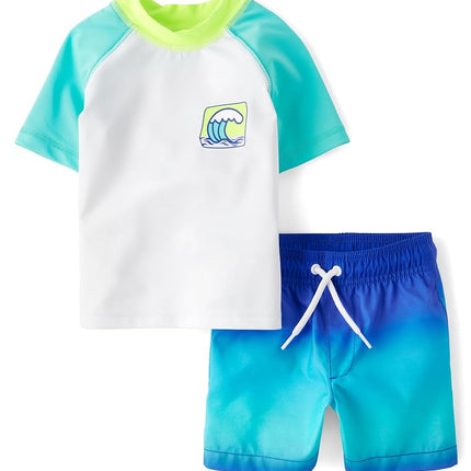 The Children's Place Boys' and Toddler 2-Piece Short Sleeve Rashguard and Swim Trunk, Renew Blue, 6-9 Months